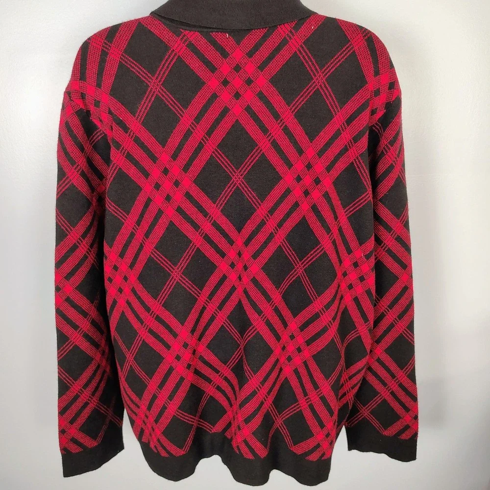 Anne‎ Klein Red Black Plaid Zip Front Cardigan Sweater XL Heavyweight Soft NEW